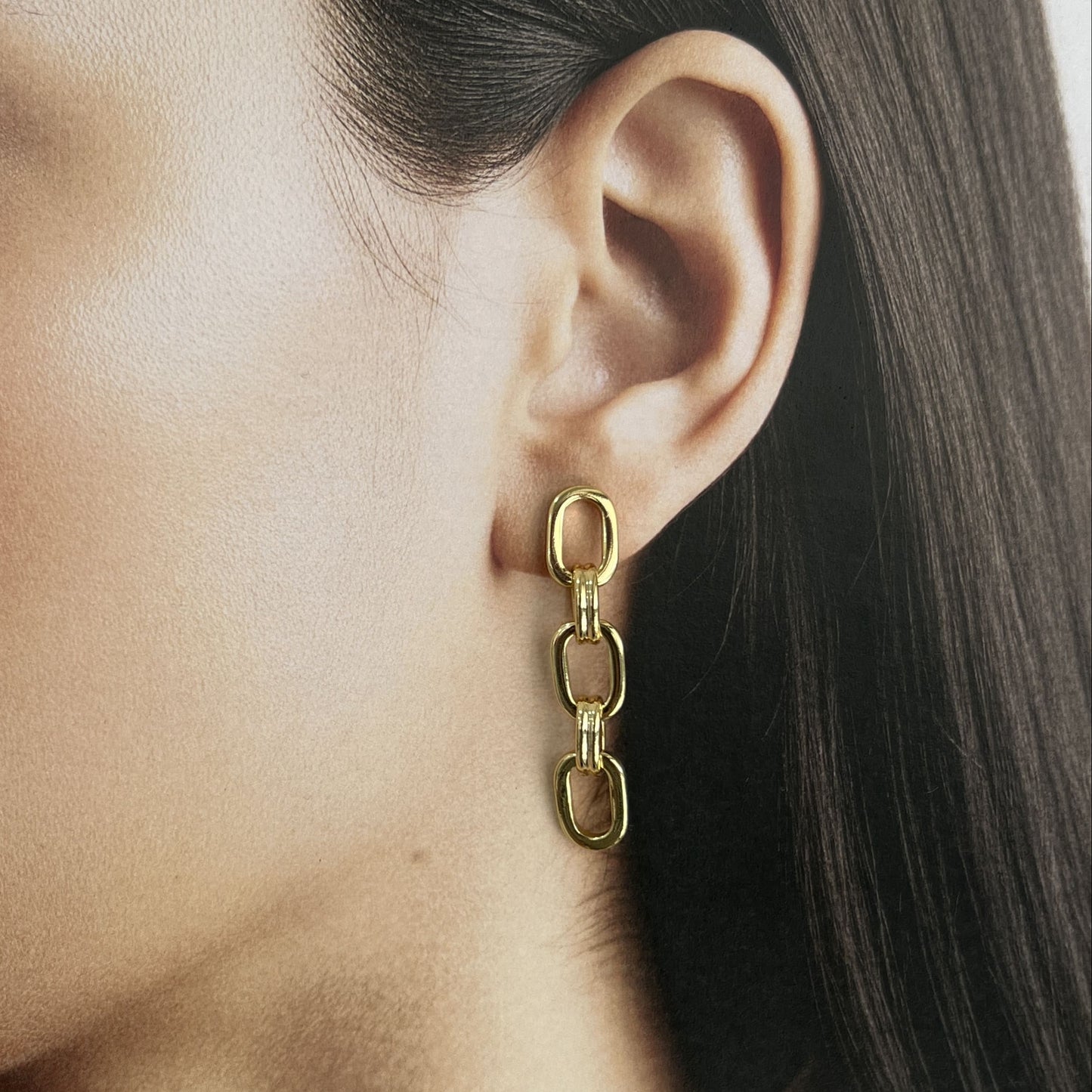 Aretes largos cadena chapa de oro