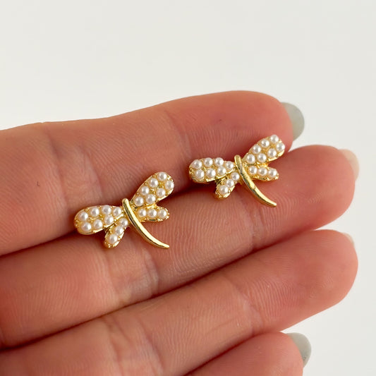Broqueles micro perla libélula chapa de oro