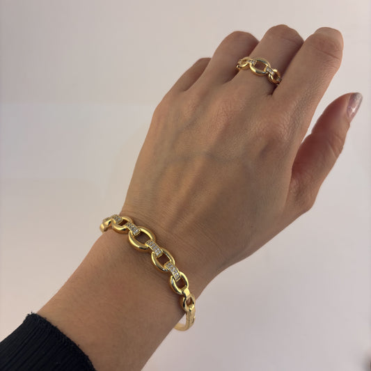 Brazalete eslabón aros con zirconias chapa de oro abrochable