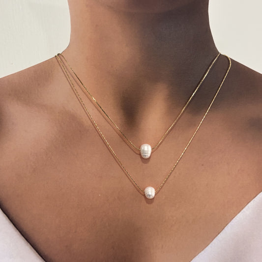 Collar doble chapa de oro perla natural