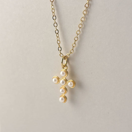 Collar dije cruz de perlitas chapa de oro