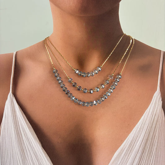 Collar triple cristal swa azul chapa calidad oro laminado