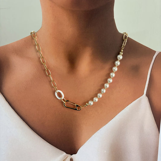 Collar largo perla eslabón aro blanco chapa de oro