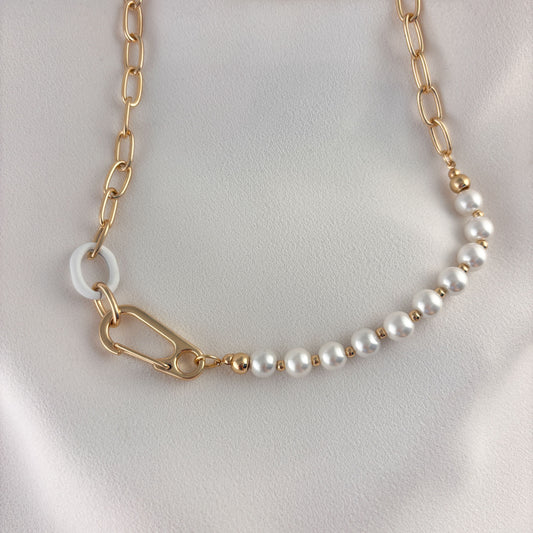 Collar largo perla eslabón aro blanco chapa de oro