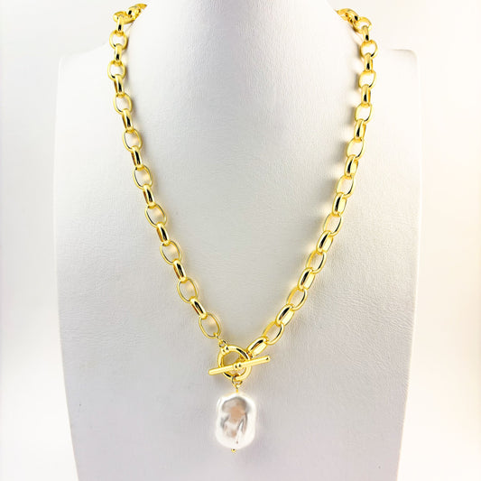 Collar cadena chapa de oro dije perla broche T