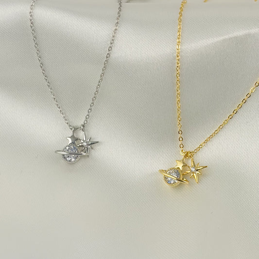 Collar dijes destello planeta zirconias baño de oro