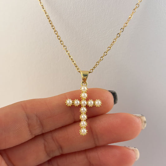 Collar dije de cruz perlitas chapa de oro 2.5 cm