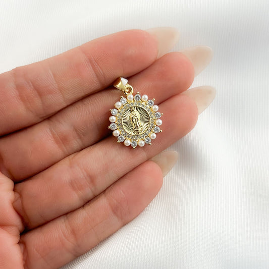Dije medalla Virgen de Guadalupe perlas y zirconias chapa de oro