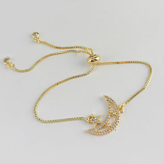 Pulsera ajustable luna y estrellas zirconias chapa de oro