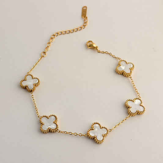 Pulsera trébol blanco cadena chapa de oro