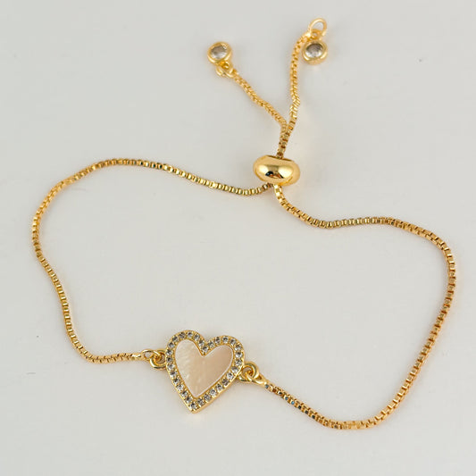 Pulsera corazón madre perla chapa de oro ajustable zirconias