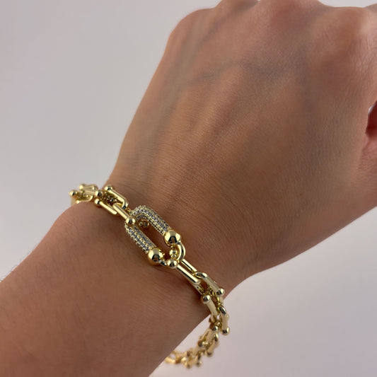 Pulsera eslabón U esferitas con zirconias chapa de oro