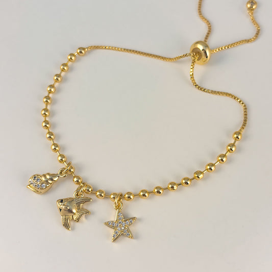 Pulsera dijes de mar chapa de oro ajustable