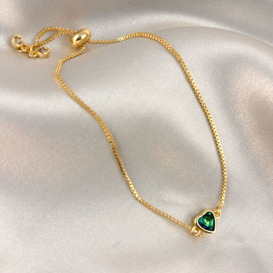 Pulsera corazón cristal verde chapa de oro ajustable