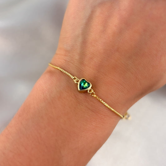 Pulsera corazón cristal verde chapa de oro ajustable