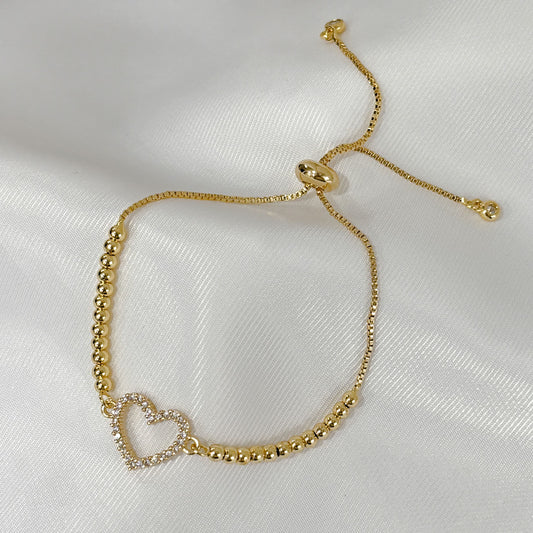 Pulsera chapa de oro ajustable corazón zirconia