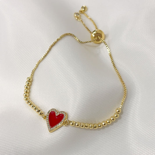 Pulsera ajustable corazón rojo zirconias chapa de oro