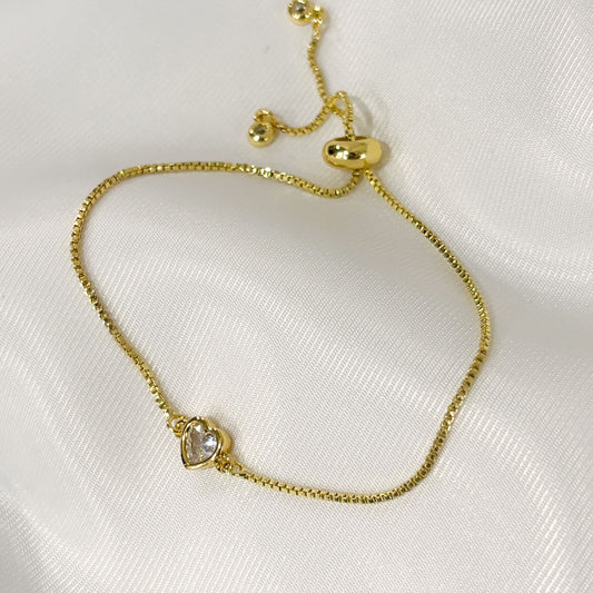 Pulsera ajustable corazón cristal chapa de oro