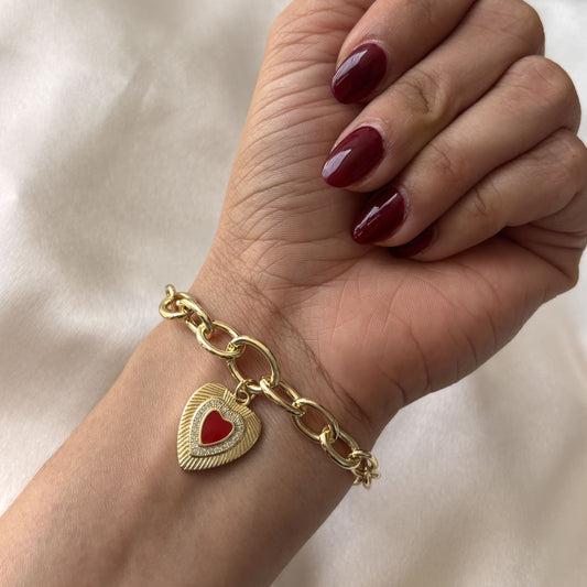 Pulsera cadena chapa de oro dije corazón rojo