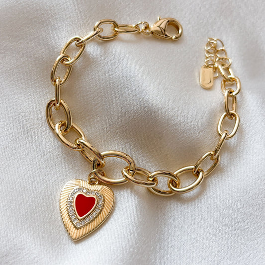 Pulsera cadena chapa de oro dije corazón rojo