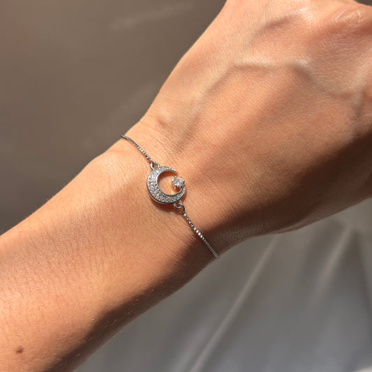 Pulsera plateada luna zirconias ajustable chapa de oro