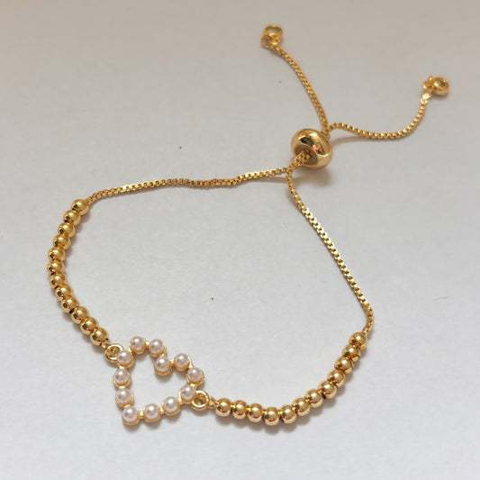 Pulsera corazón perlas ajustable chapa de oro dorada