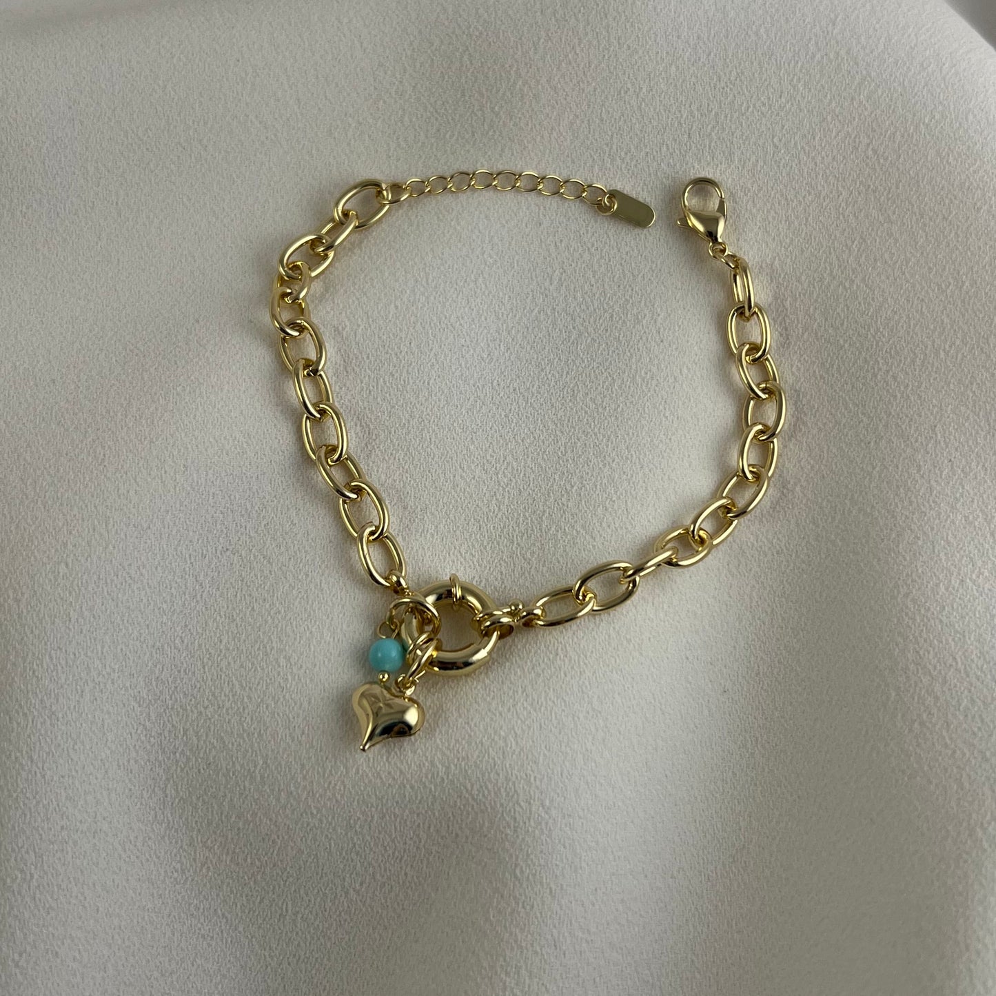 Pulsera cadena broche marino dije corazón bola azul