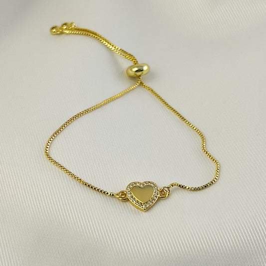 Pulsera ajustable corazón liso contorno zirconias chapa de oro