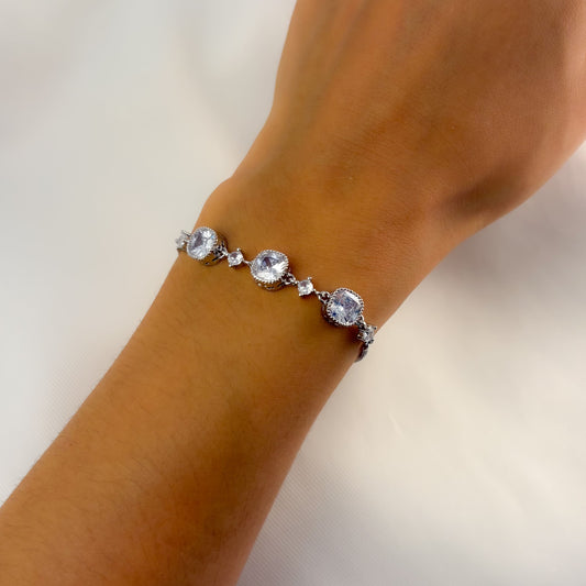 Pulsera plateada cristal redondeado chapa de oro ajustable