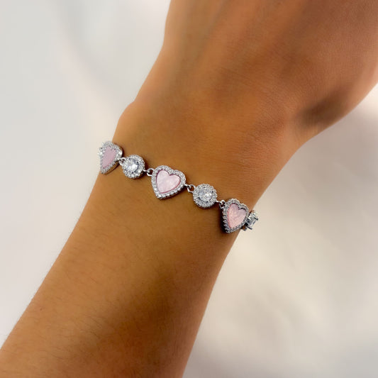 Pulsera plateada corazones rosas chapa de oro ajustable