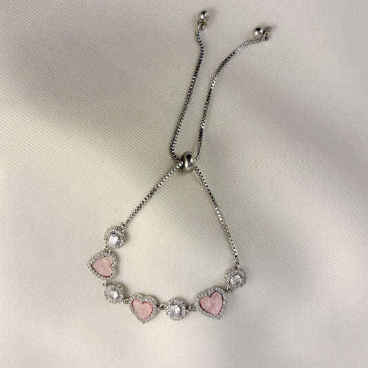 Pulsera plateada corazones rosas chapa de oro ajustable