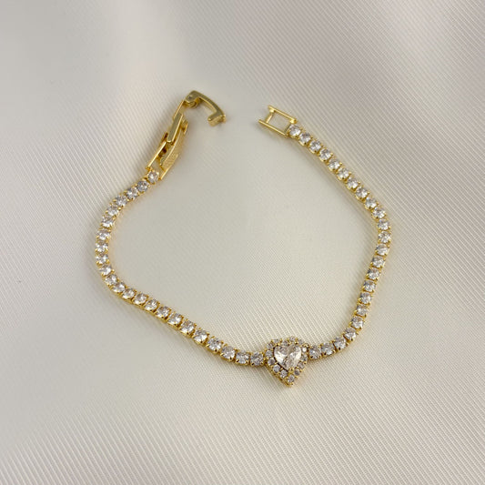 Pulsera tennis chapa de oro corazón zirconias broche