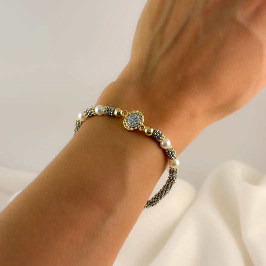 Pulsera san benito plateada mini bolitas perlas chapa de oro