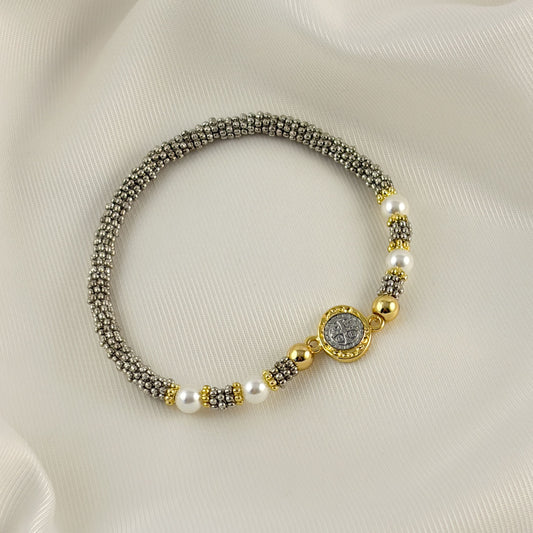Pulsera san benito plateada mini bolitas perlas chapa de oro