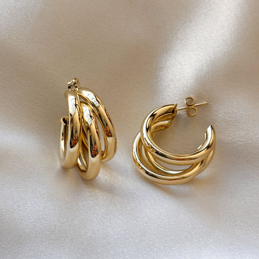 Arracadas triple tubular chapa de oro 2.5 cm