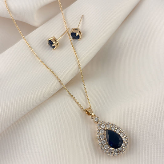 Set aretes y collar lágrima zirconia azul chapa de oro
