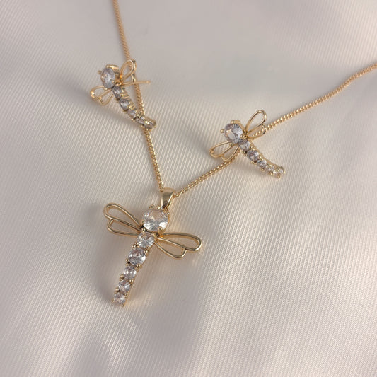 Set aretes y collar libélula zirconia grande chapa de oro