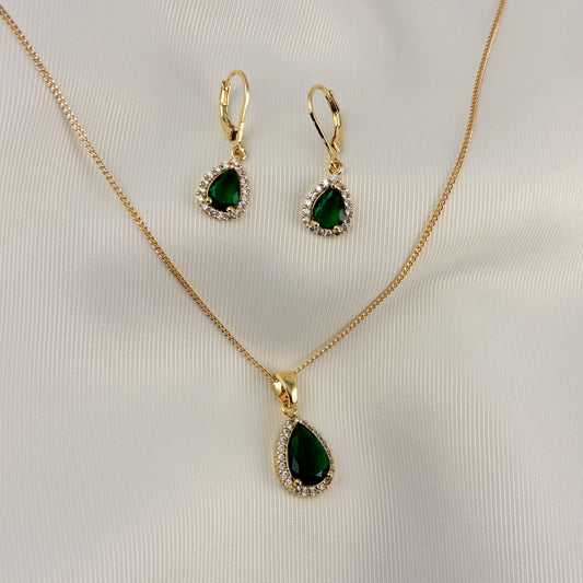 Set aretes y collar gota verde zirconias chapa de oro