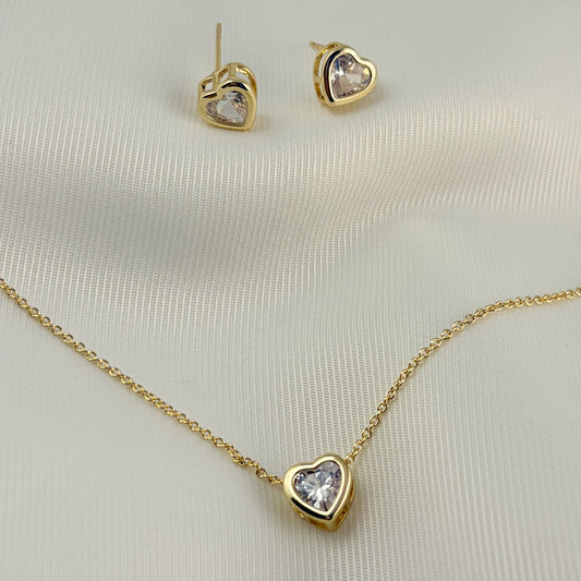 Set aretes y collar zirconia corazón chapa de oro