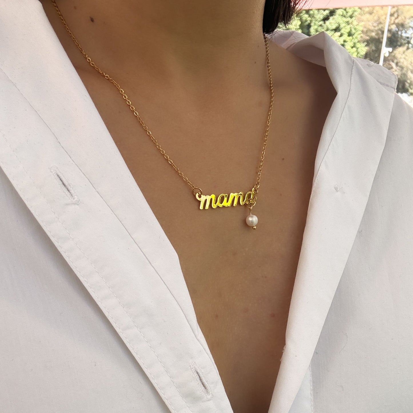 Collar mamá con perla chapa de oro y acero inoxidable Regalo día de las madres