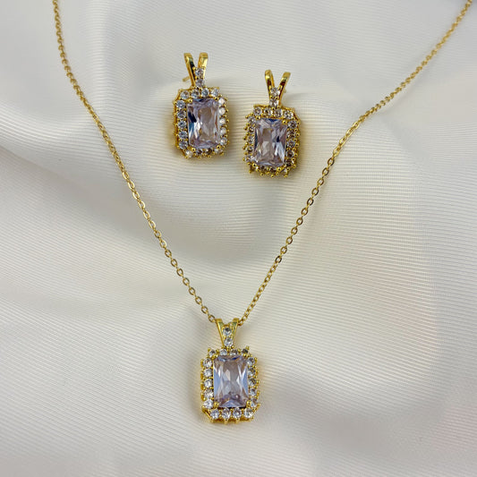 Set collar y aretes cuadro elegante zirconias baño de rodio