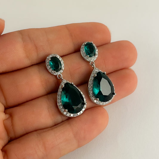 Aretes largos piedra gota zirconias 3 cm baño de rodio