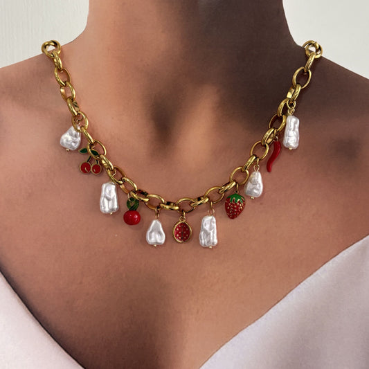 Collar charms acero inoxidable premium frutas y perlas dorado