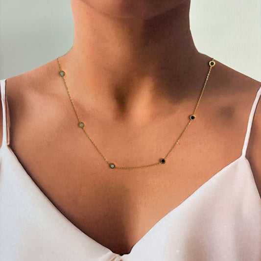 Collar acero inoxidable pemium ruedas mini madre perla y ónix