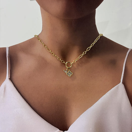 Collar broche dije trébol chapa de oro