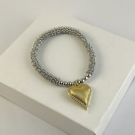 Pulsera mini bolitas bicolor corazon zirconias chapa de oro