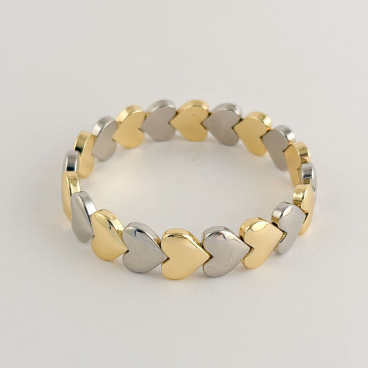 Pulsera chapa de oro corazónes bicolor elástico