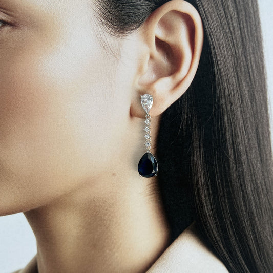 Aretes largos cristal azul marino gota zirconias baño de oro