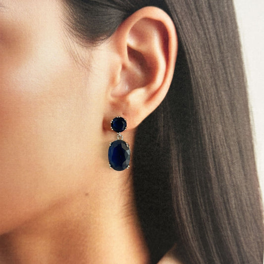 Aretes cortos zirconia azul tipo zafiro ovalo colgante baño de oro