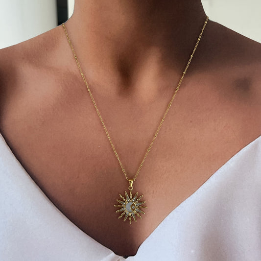 Collar esferitas dije sol luna madre perla estrella zirconias acero premium dorado